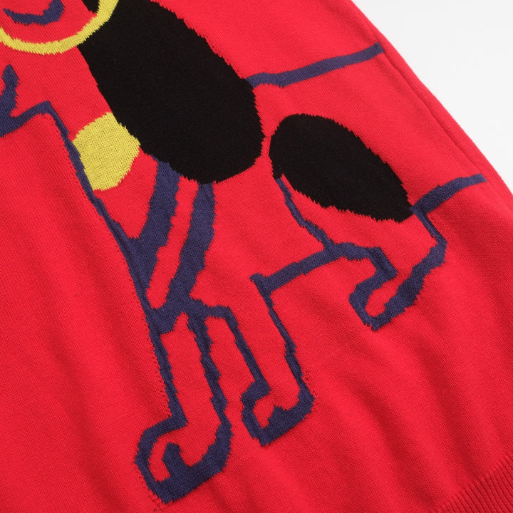 Women's red vintage jacquard V-neck knit T-shirt