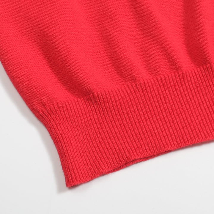 Women's red vintage jacquard V-neck knit T-shirt