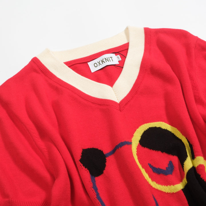 Women's red vintage jacquard V-neck knit T-shirt
