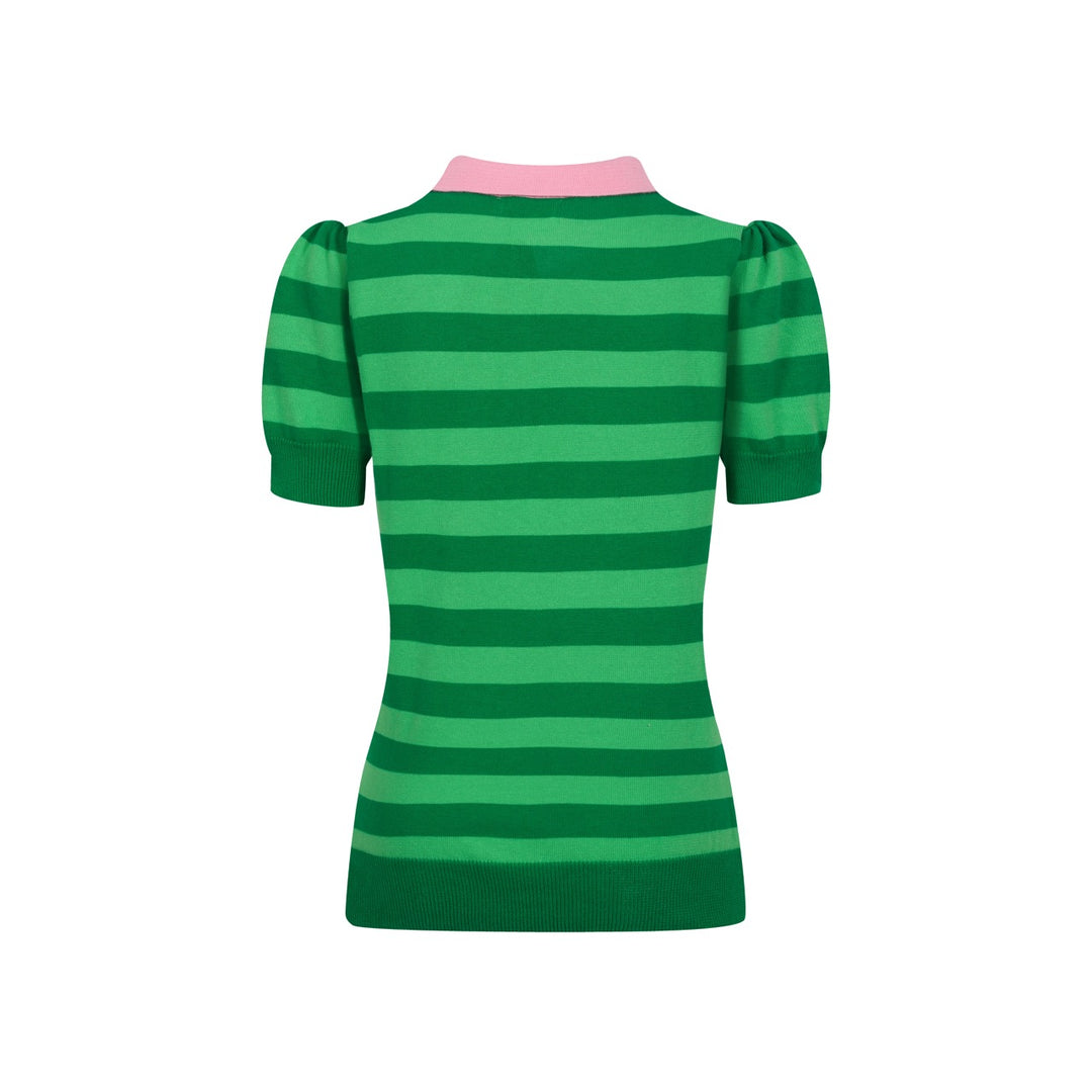 Polo da donna in maglia con maniche a sbuffo a righe verdi