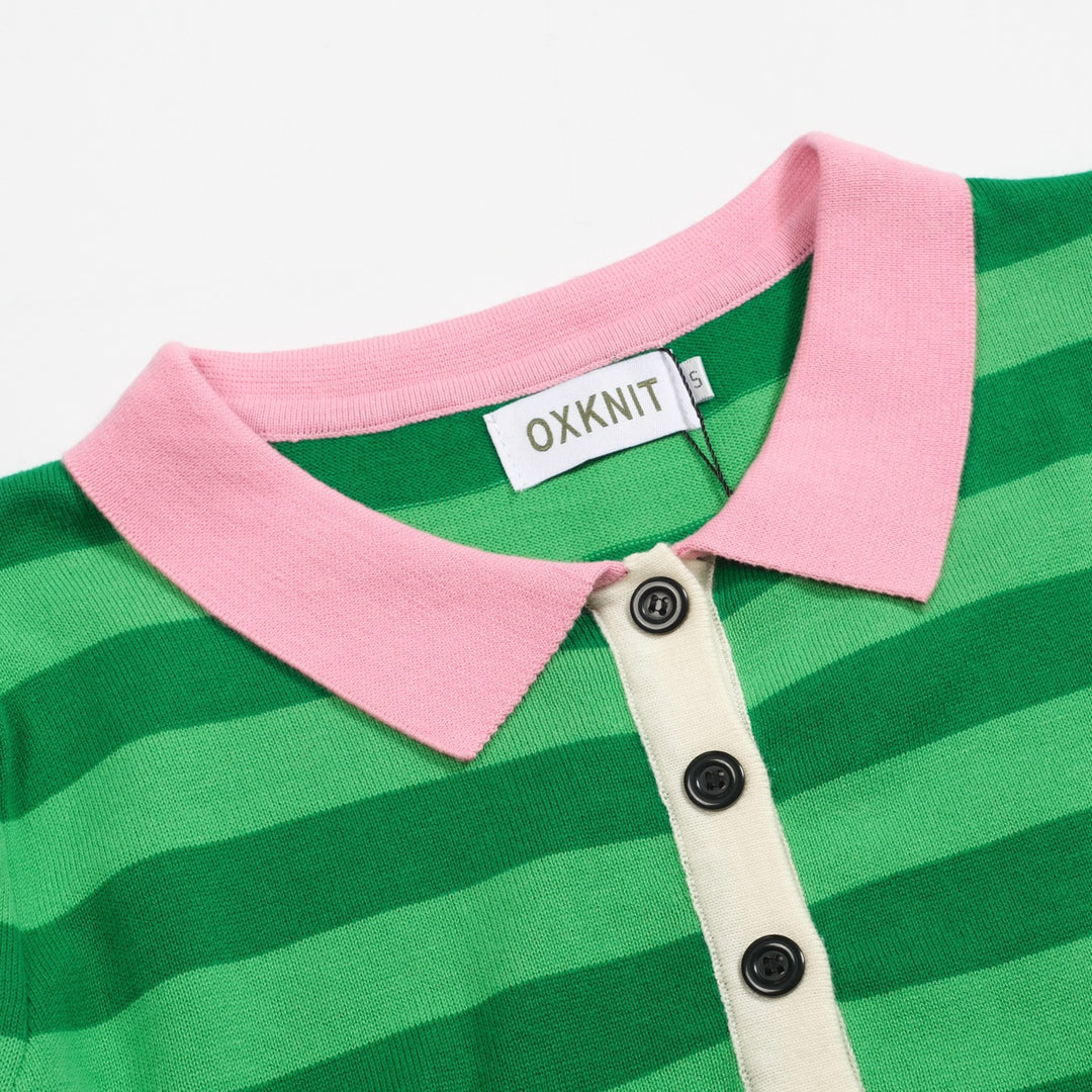 Polo da donna in maglia con maniche a sbuffo a righe verdi