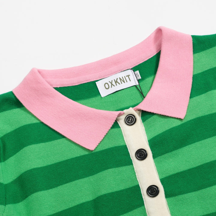 Polo da donna in maglia con maniche a sbuffo a righe verdi