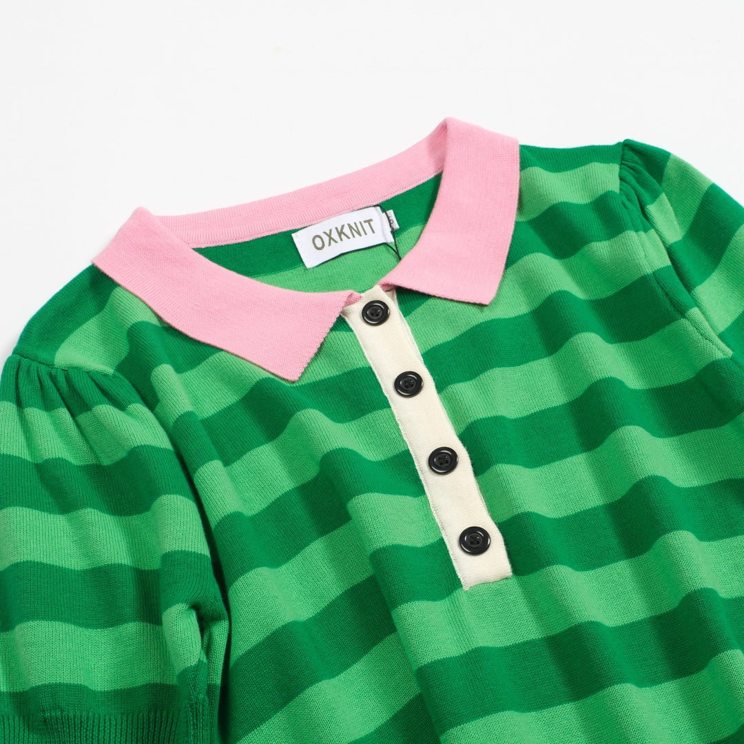 Polo da donna in maglia con maniche a sbuffo a righe verdi