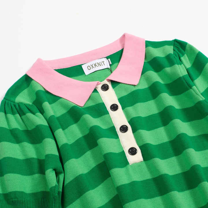 Polo da donna in maglia con maniche a sbuffo a righe verdi
