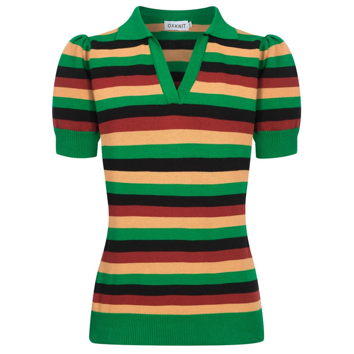 Polo feminino listrado verde manga bufante em malha com decote em V