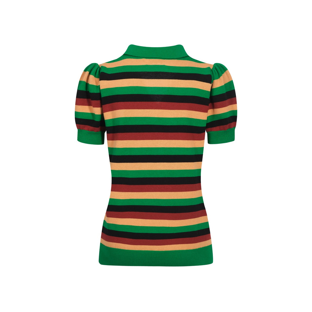 Polo feminino listrado verde manga bufante em malha com decote em V