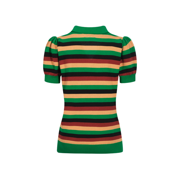 Polo feminino listrado verde manga bufante em malha com decote em V