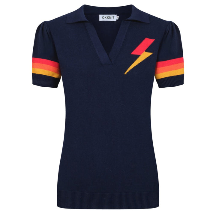 Women's lightning jacquard puffed sleeve knitted polo