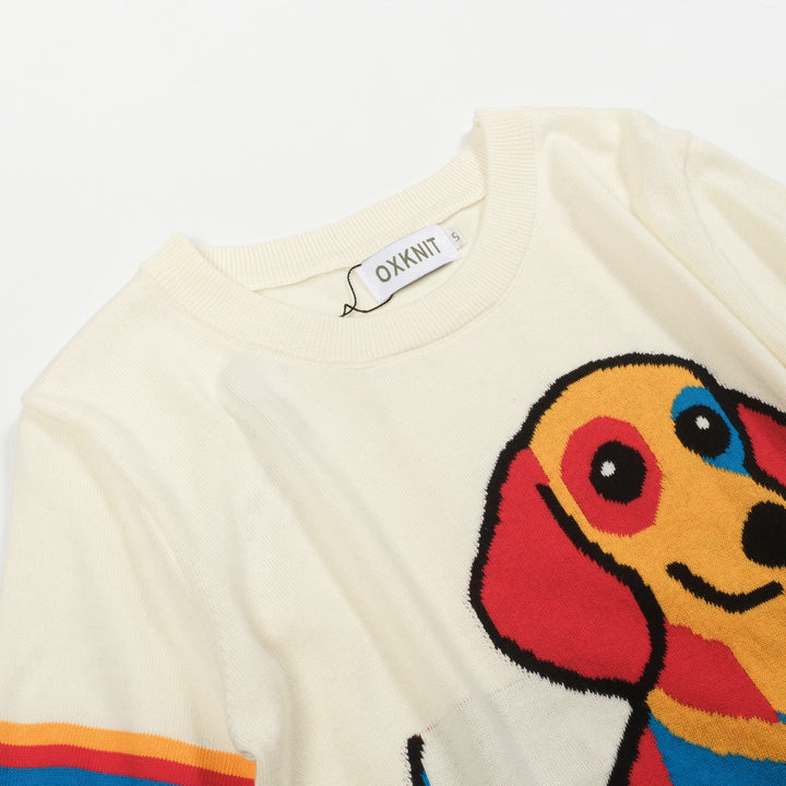 Women's white vintage puppy jacquard knit T-shirt