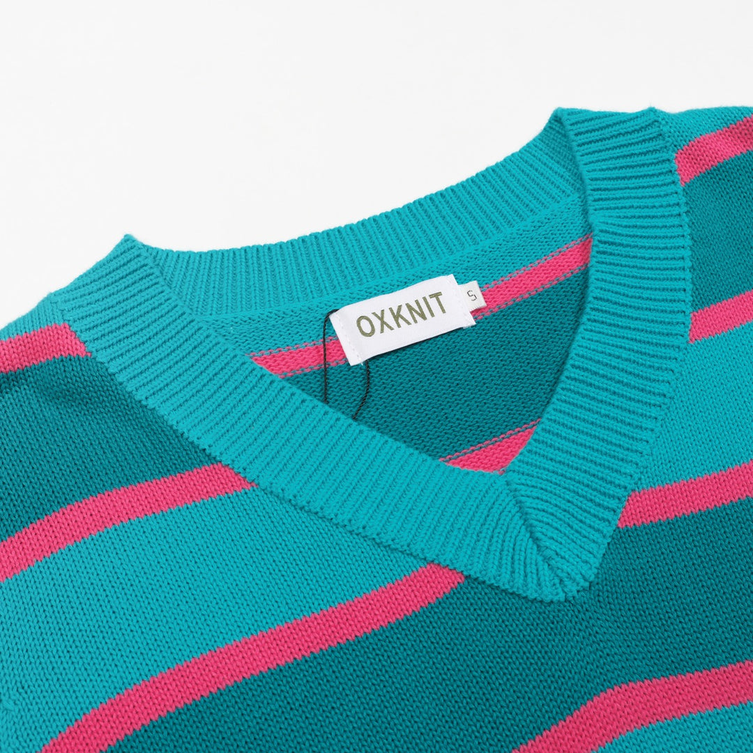 Blårandig jacquardstickad V-ringad dam