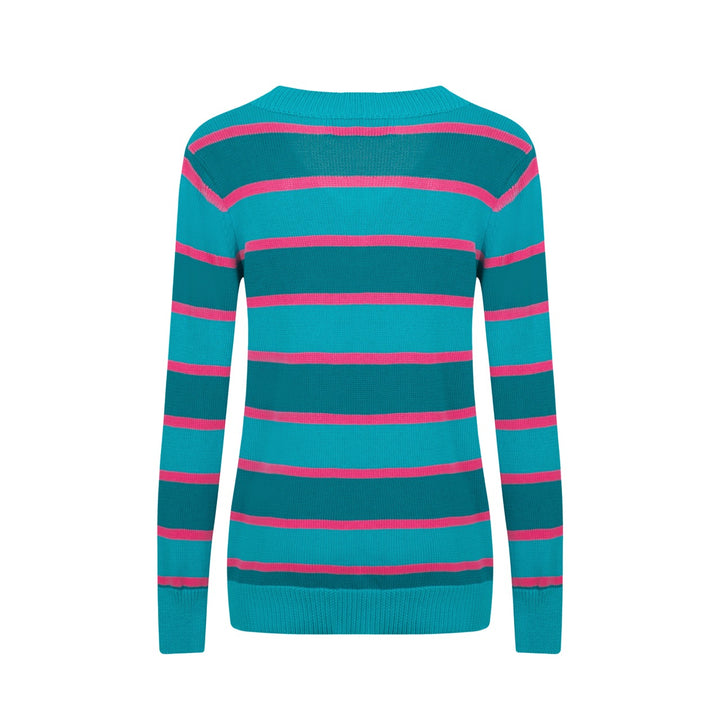 Blårandig jacquardstickad V-ringad dam