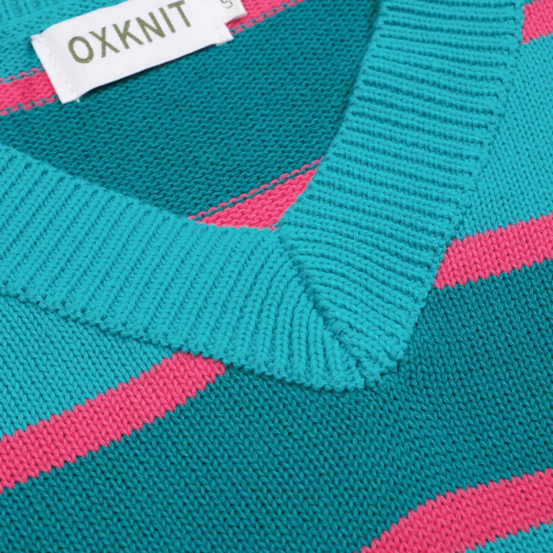 Blårandig jacquardstickad V-ringad dam