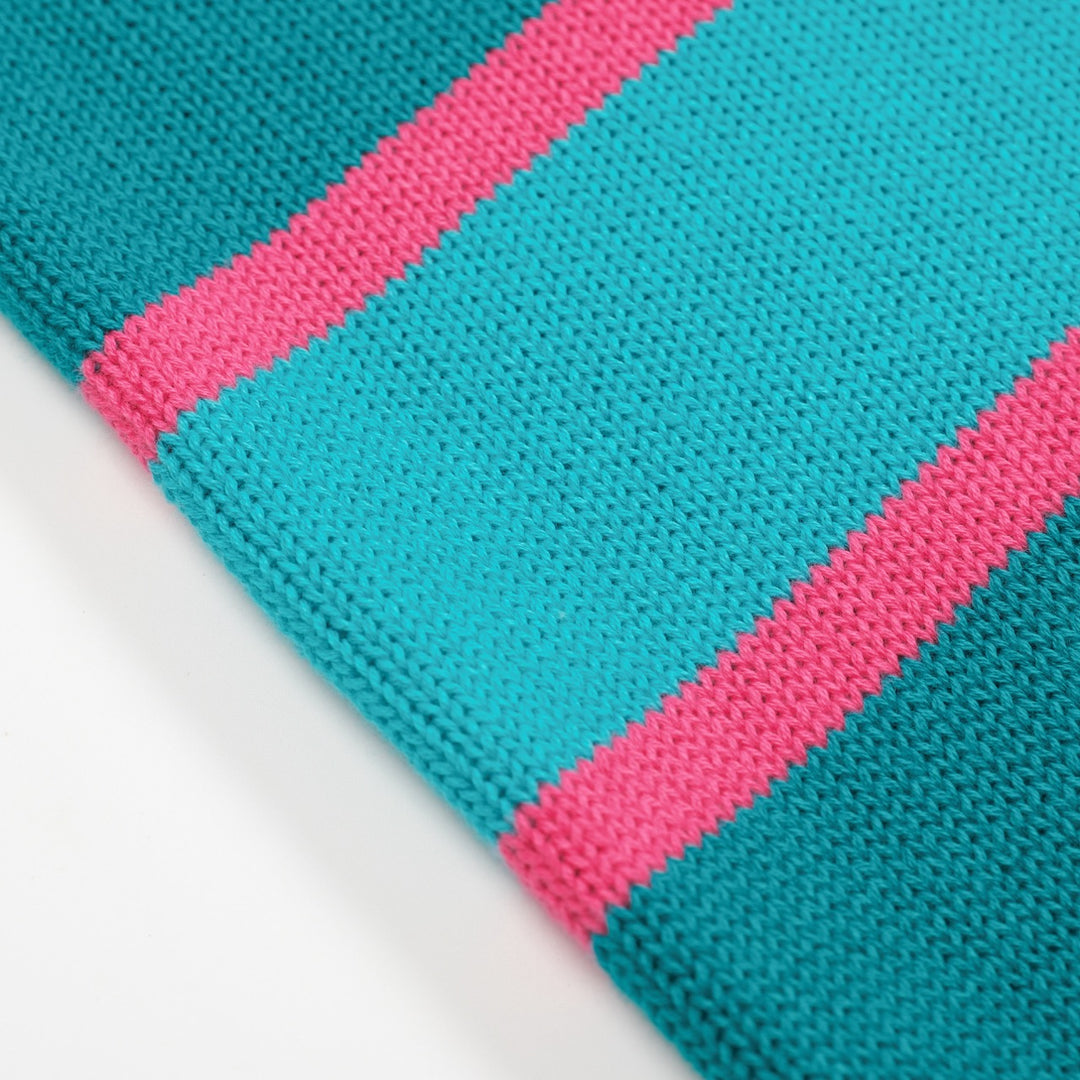 Blårandig jacquardstickad V-ringad dam