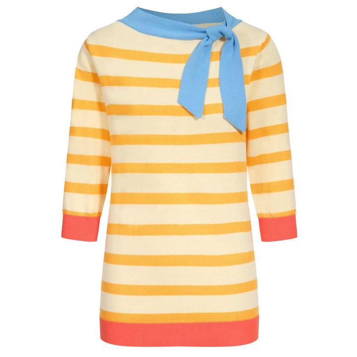 Gulrandig stickad T-shirt med beskurna ärmar för kvinnor