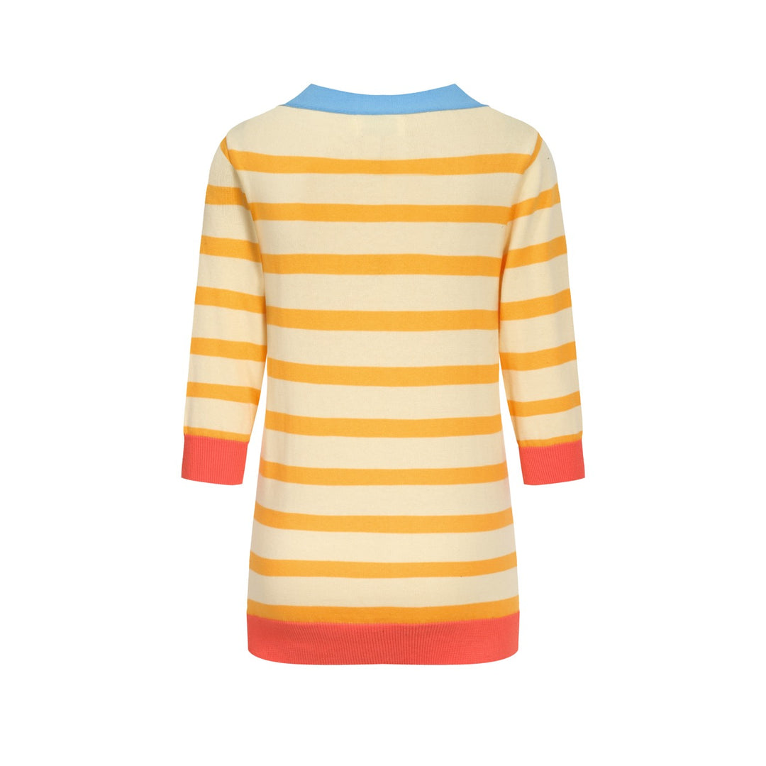 Gulrandig stickad T-shirt med beskurna ärmar för kvinnor