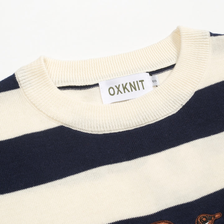 Dunkelblau gestreiftes Strick-T-Shirt mit Tierstickerei für Herren