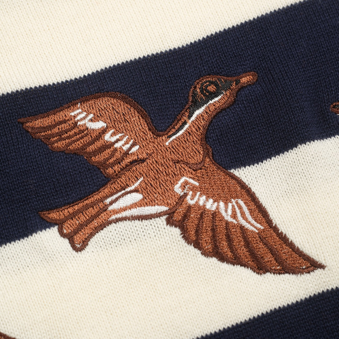 Dunkelblau gestreiftes Strick-T-Shirt mit Tierstickerei für Herren