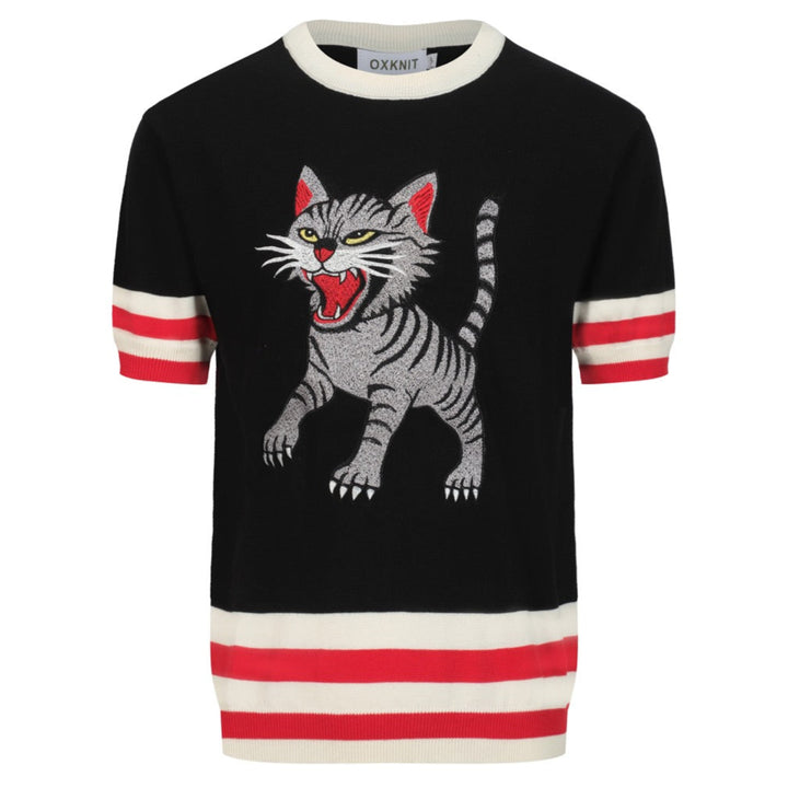 Zwart gebreid T-shirt met geborduurde dierenkat voor heren