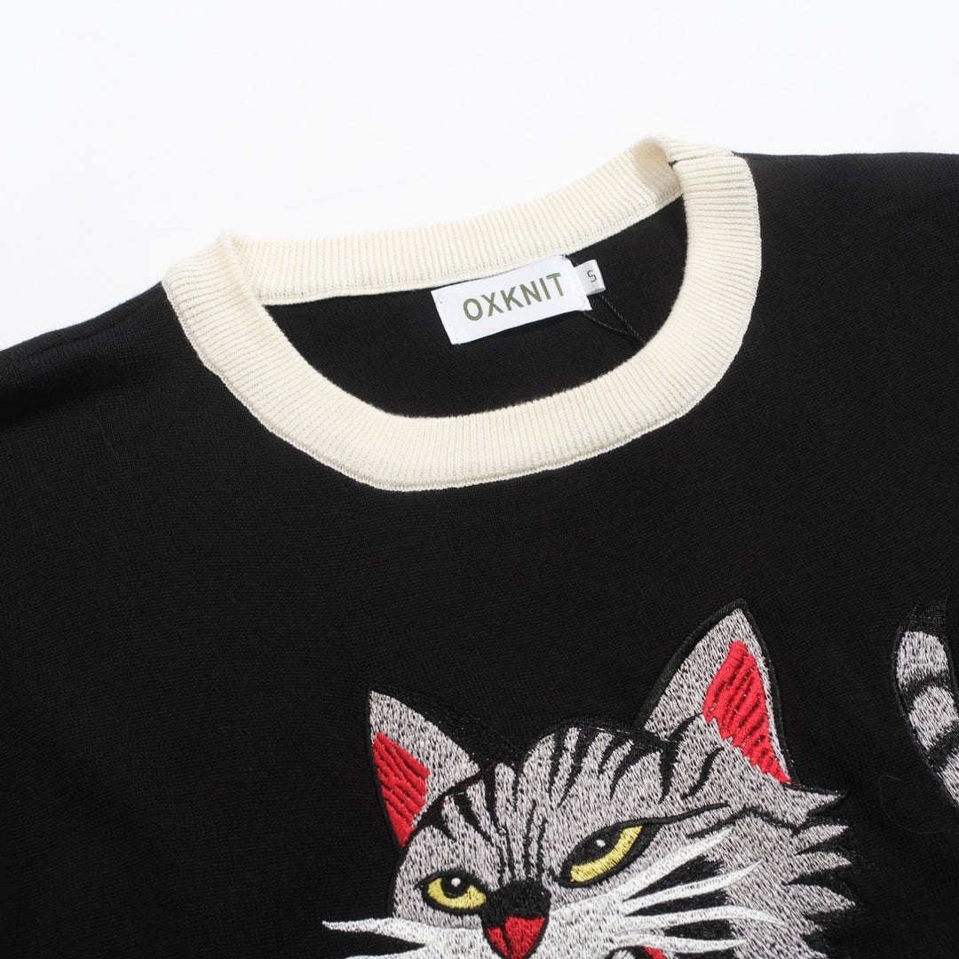 Zwart gebreid T-shirt met geborduurde dierenkat voor heren