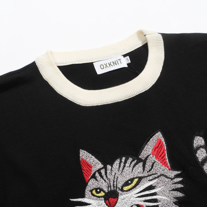 Zwart gebreid T-shirt met geborduurde dierenkat voor heren