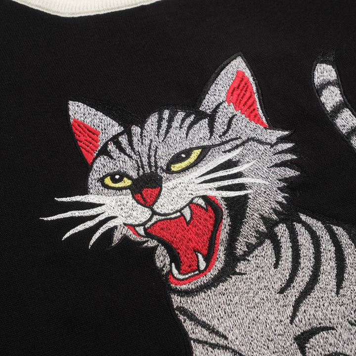 Zwart gebreid T-shirt met geborduurde dierenkat voor heren
