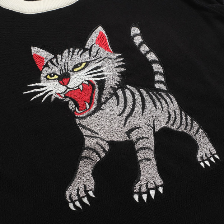 Zwart gebreid T-shirt met geborduurde dierenkat voor heren