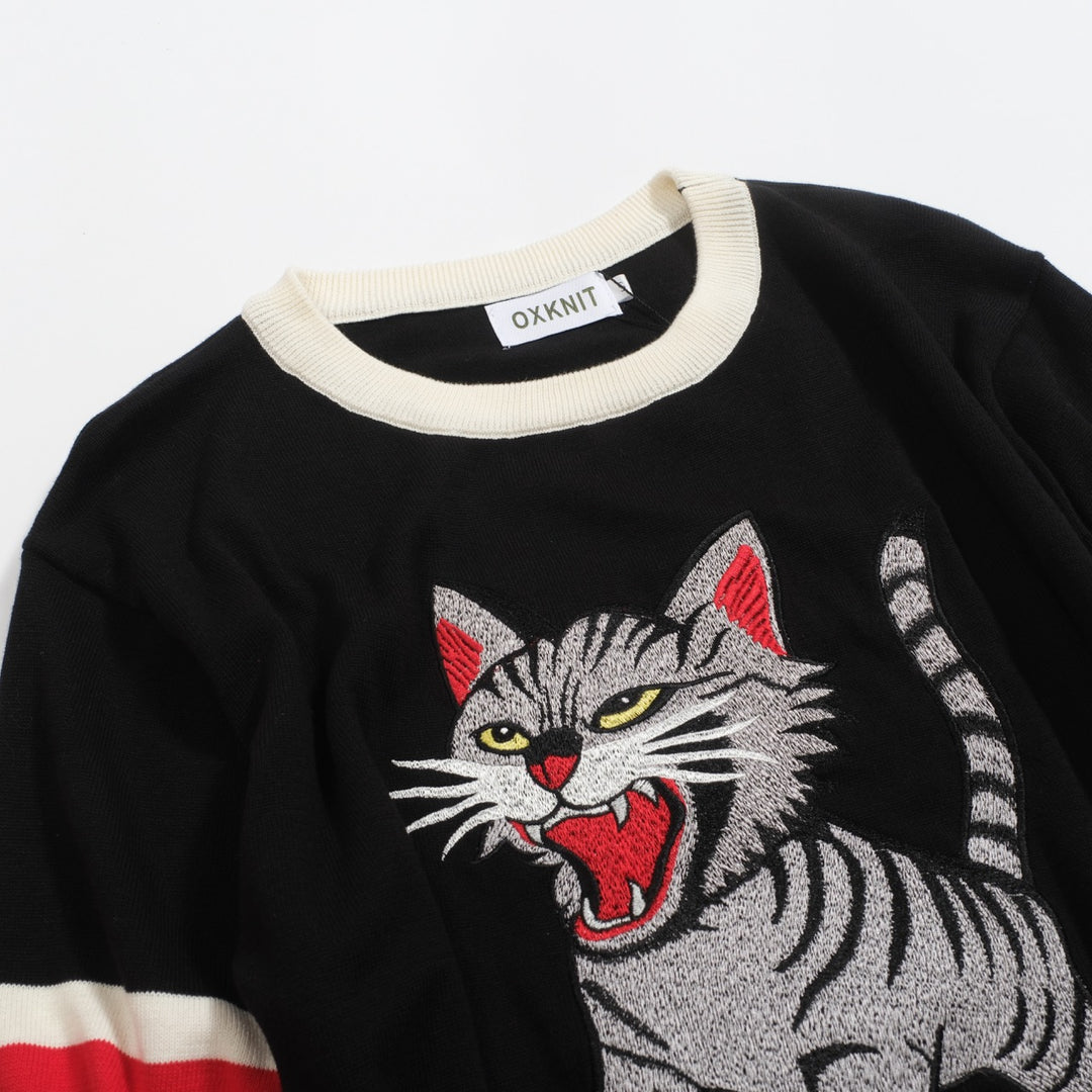 Zwart gebreid T-shirt met geborduurde dierenkat voor heren