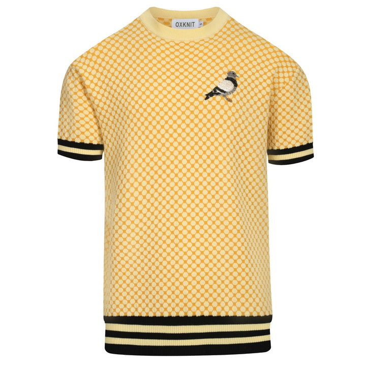 Gul vintage jacquardbroderad stickad T-shirt för män