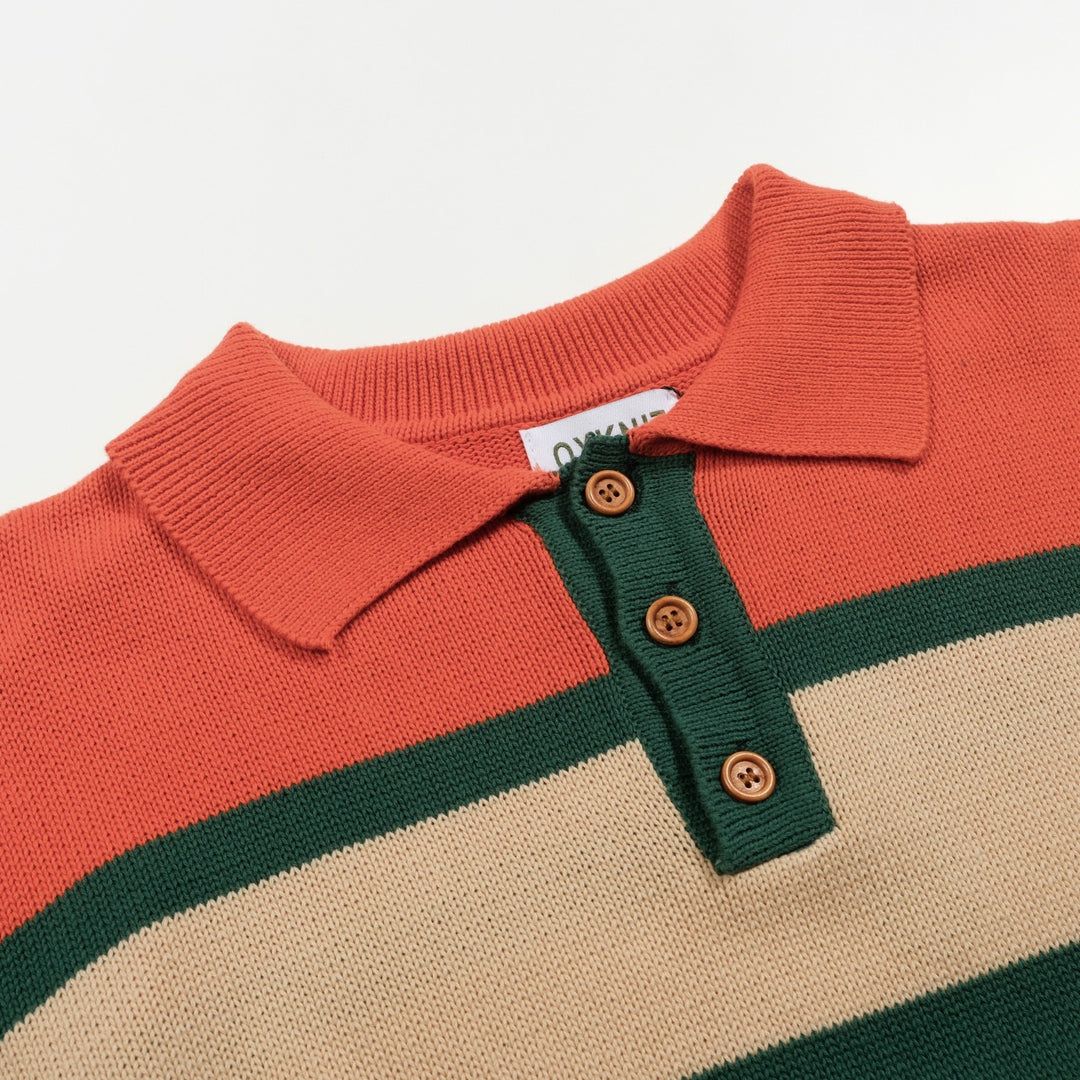 Orange och grönrandig jacquardstickad pikétröja för män