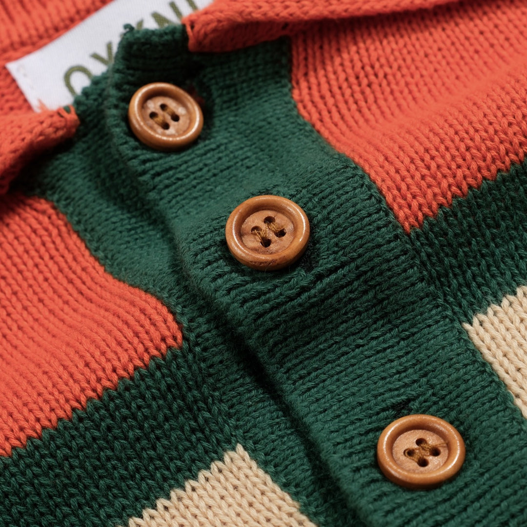 Orange och grönrandig jacquardstickad pikétröja för män