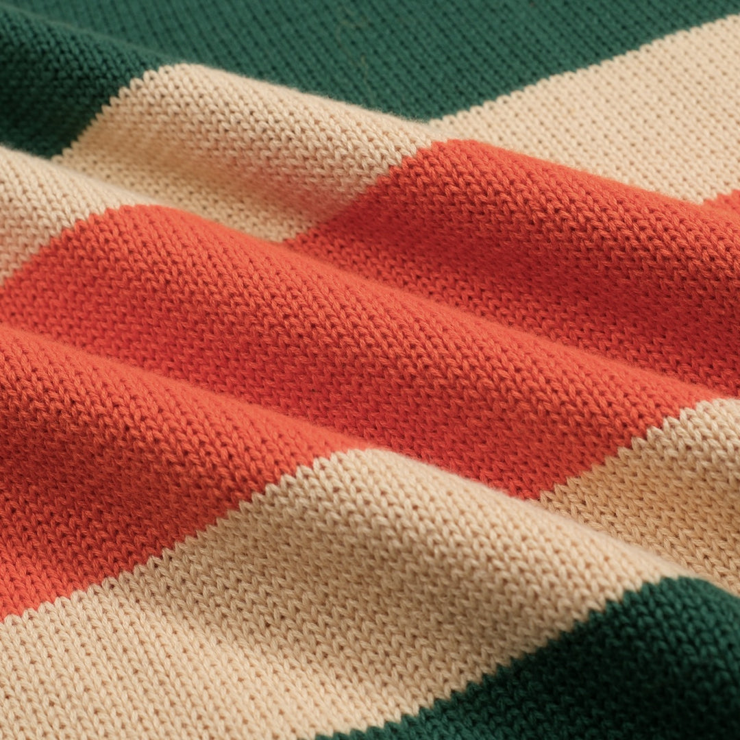 Orange och grönrandig jacquardstickad pikétröja för män