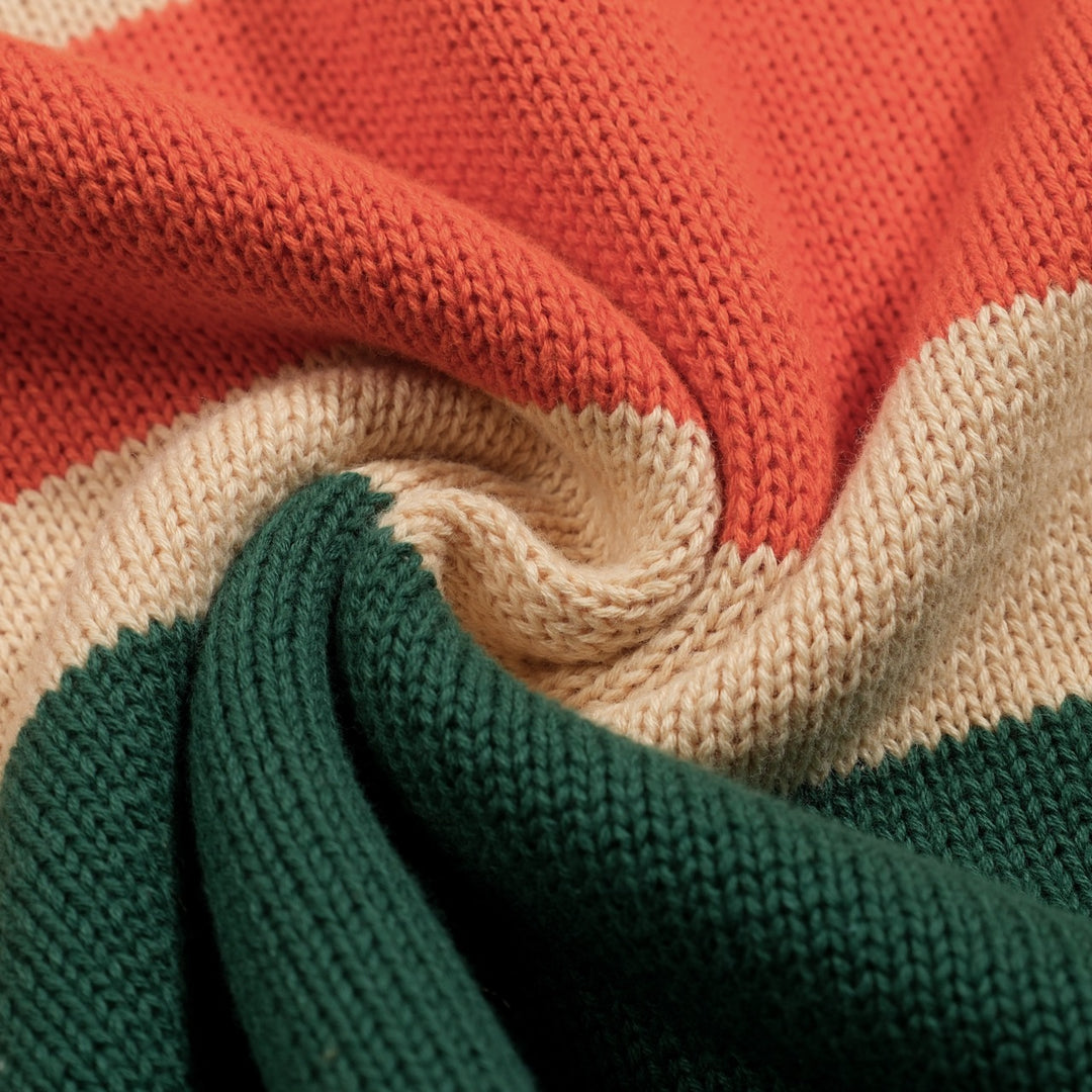 Orange och grönrandig jacquardstickad pikétröja för män