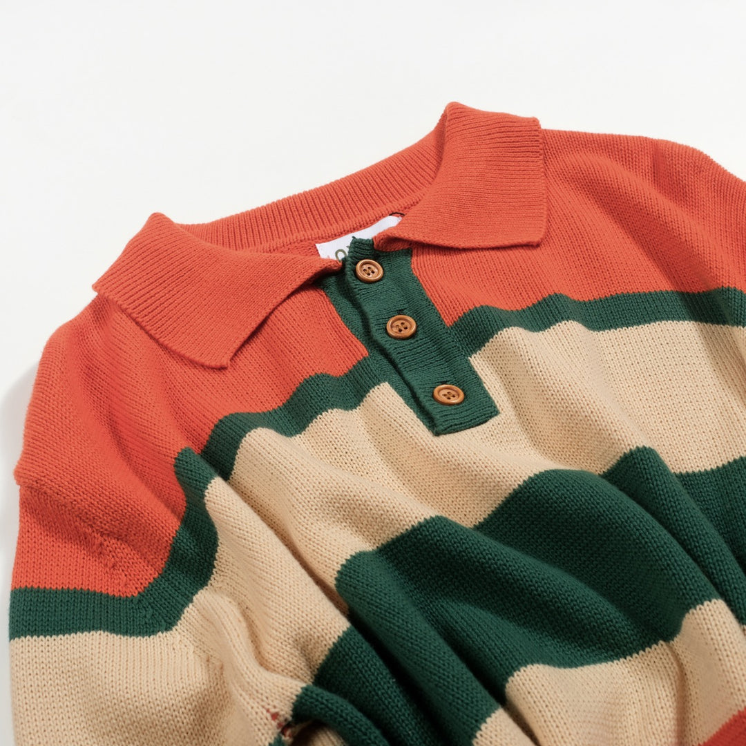 Orange och grönrandig jacquardstickad pikétröja för män