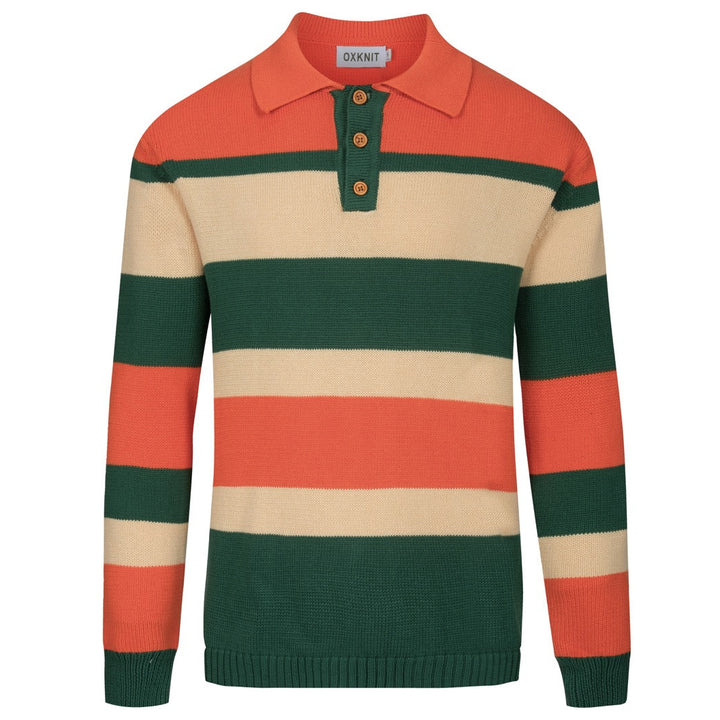 Orange och grönrandig jacquardstickad pikétröja för män