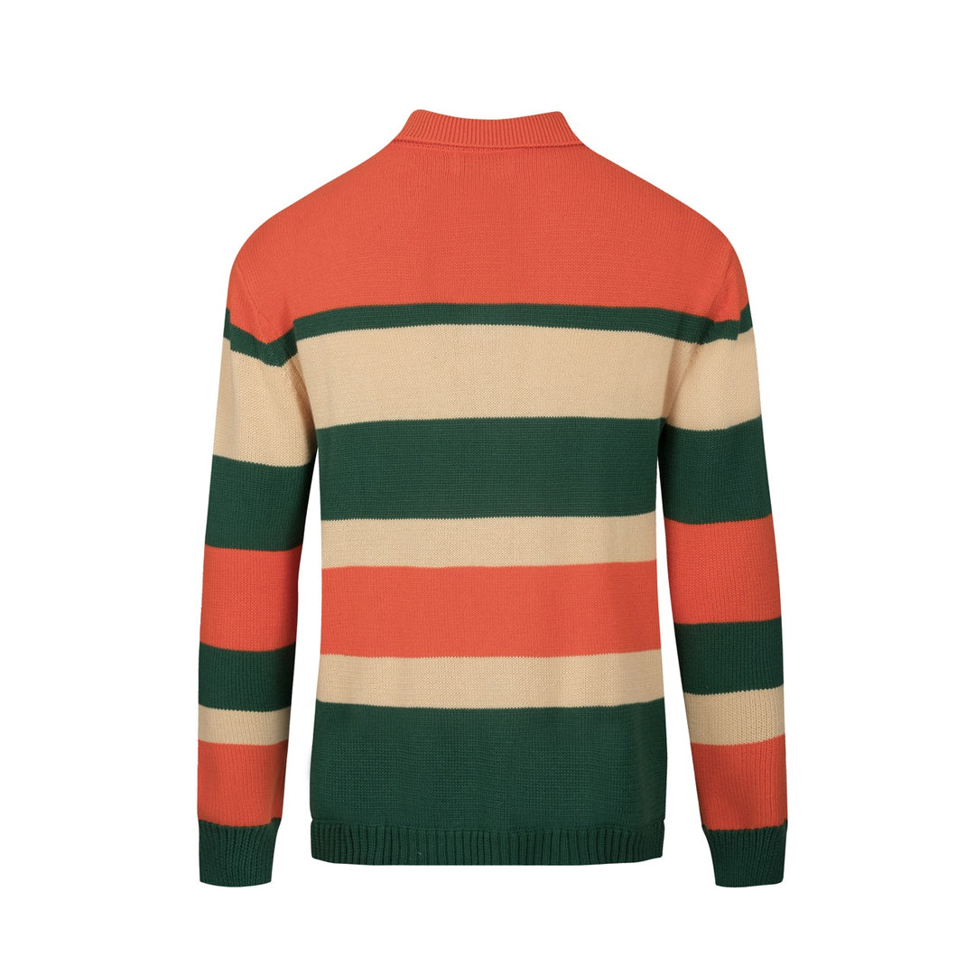 Orange och grönrandig jacquardstickad pikétröja för män
