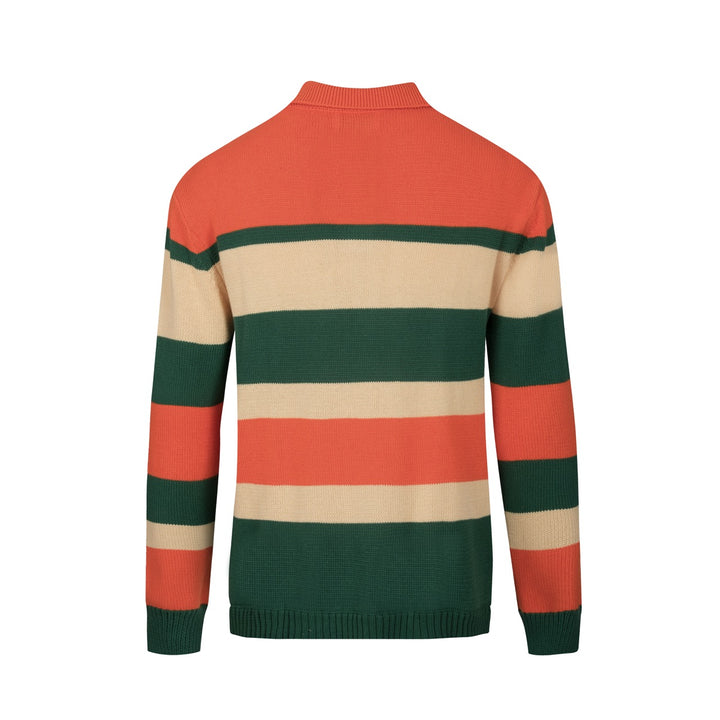 Orange och grönrandig jacquardstickad pikétröja för män