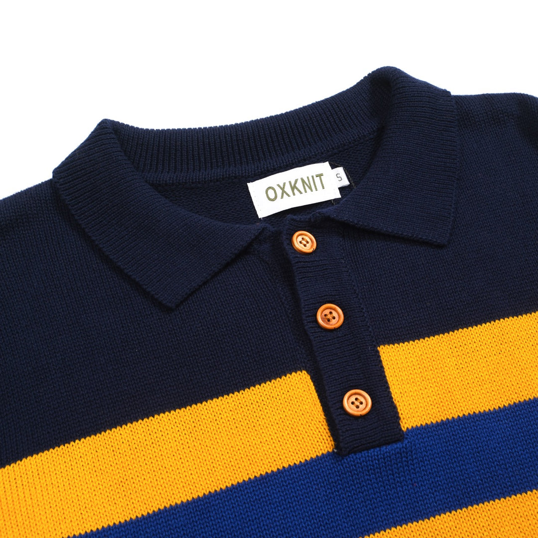 Dunkelblau gestreiftes Retro-Strickpoloshirt für Herren