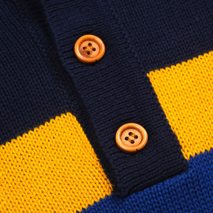 Dunkelblau gestreiftes Retro-Strickpoloshirt für Herren