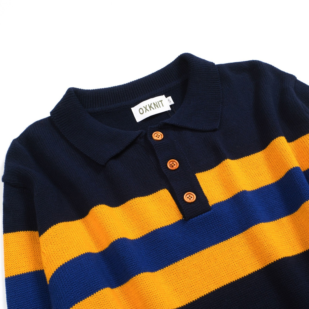 Dunkelblau gestreiftes Retro-Strickpoloshirt für Herren