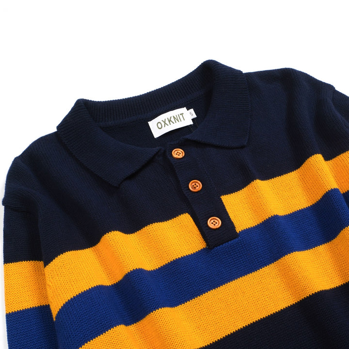 Dunkelblau gestreiftes Retro-Strickpoloshirt für Herren