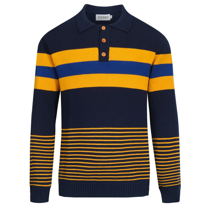 Dunkelblau gestreiftes Retro-Strickpoloshirt für Herren