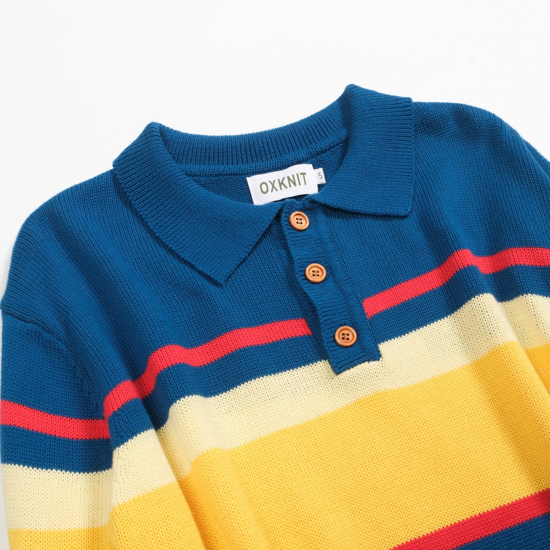 Blau gestreiftes Retro-Strickpoloshirt für Herren