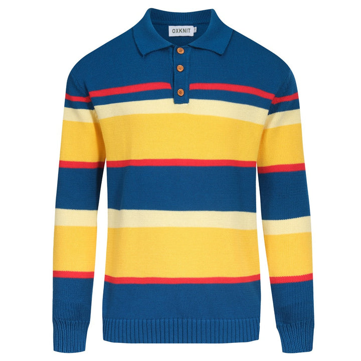 Blau gestreiftes Retro-Strickpoloshirt für Herren