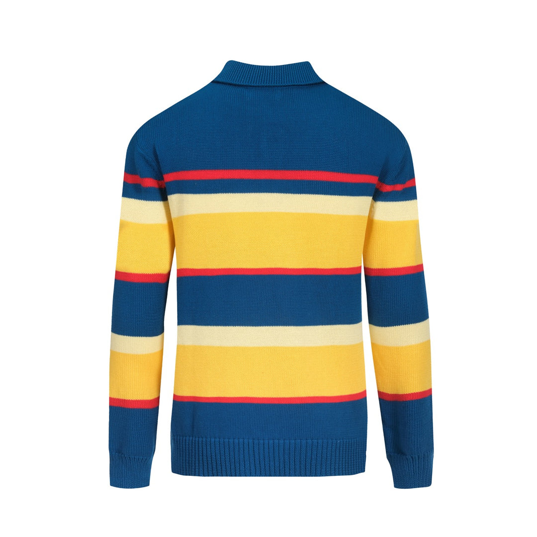 Blau gestreiftes Retro-Strickpoloshirt für Herren