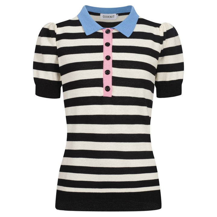 Polo feminino de malha listrada preta com manga bolha