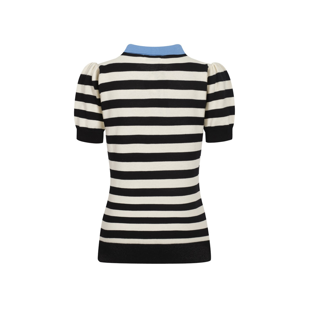 Polo feminino de malha listrada preta com manga bolha