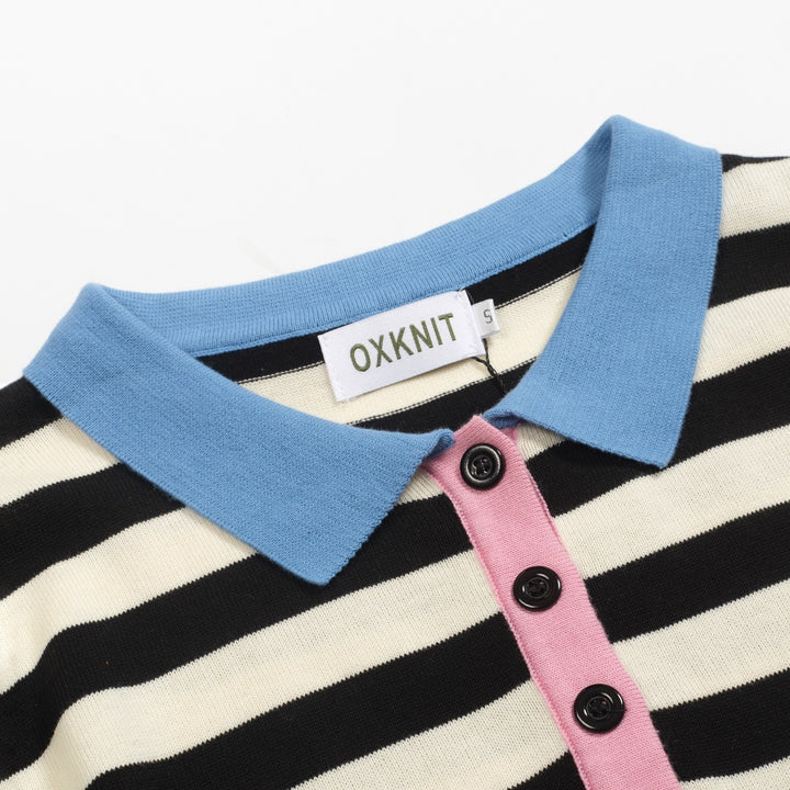 Polo feminino de malha listrada preta com manga bolha