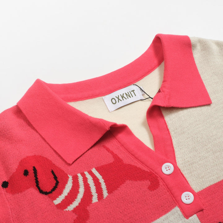 Damen-Poloshirt mit Dackel-Jacquard-Strick und V-Ausschnitt