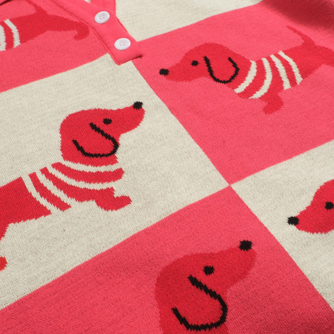 Damen-Poloshirt mit Dackel-Jacquard-Strick und V-Ausschnitt