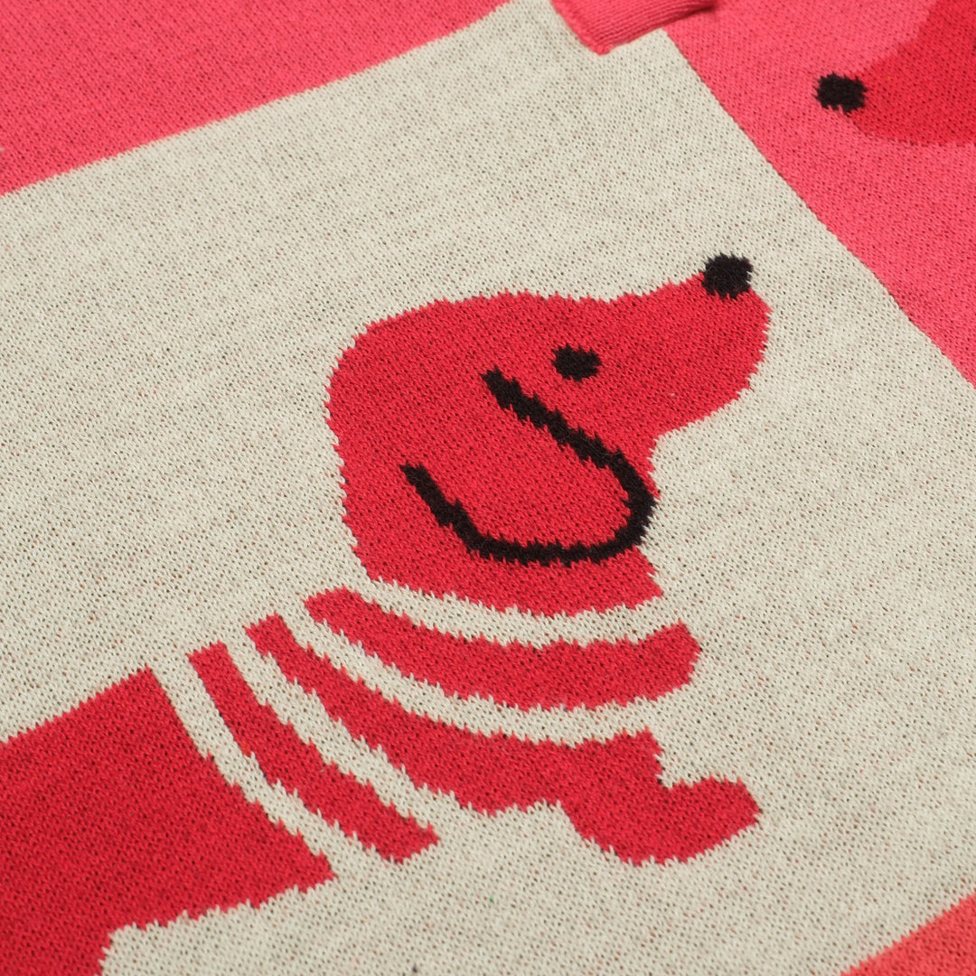 Damen-Poloshirt mit Dackel-Jacquard-Strick und V-Ausschnitt